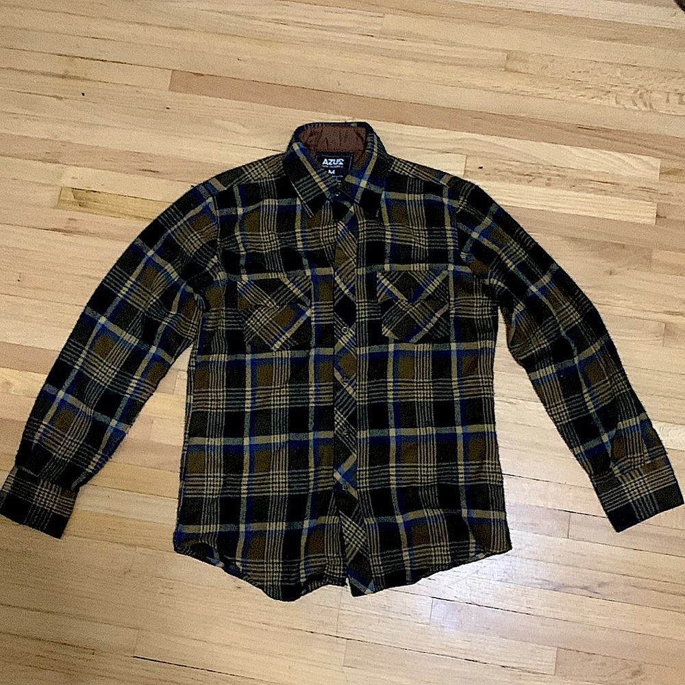 AZUR mens casual button up shirt, brown, tan, and black. Medium sized